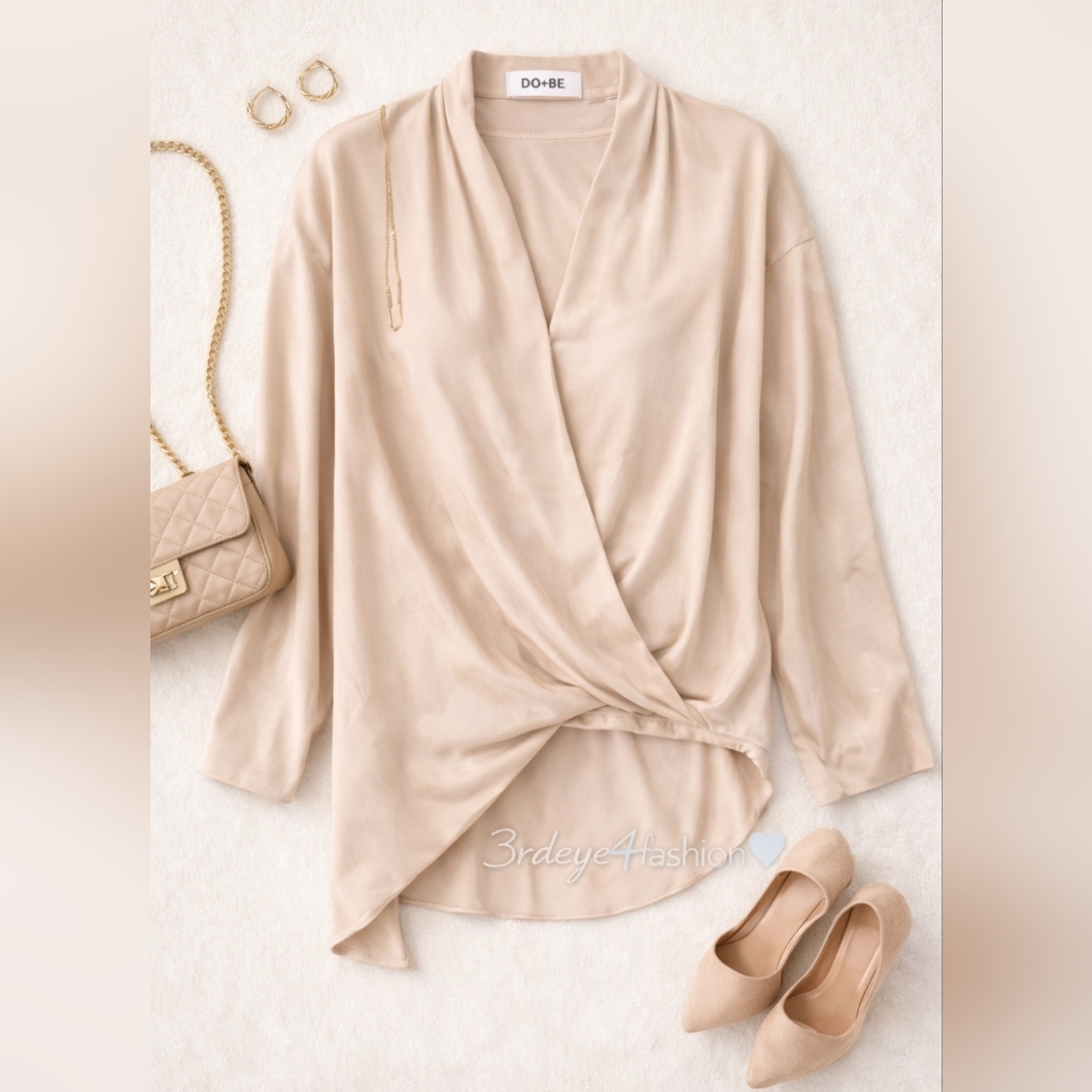 Asymmetrical Satin Feel Soft Wrap Blouse S Blush Elegant Draped Look